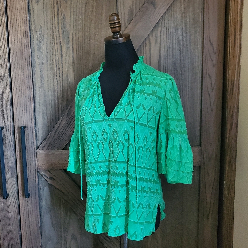 Alice + Olivia Green Bell Sleeve Blouse with Mandarin Collar